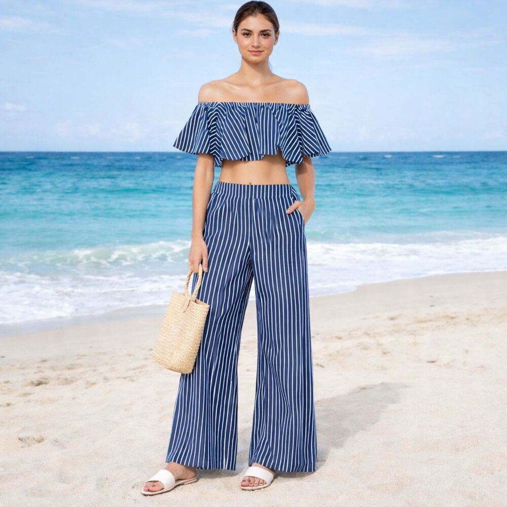 Victoria + Sophia Striped Off the Shoulder and Wide Leg Pant Set S NWOT
